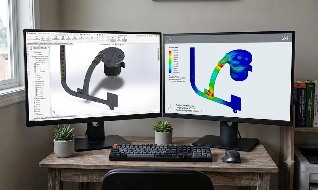 Escritorio de trabajo de Estudio Manfreda con software de diseño 3D en pantalla